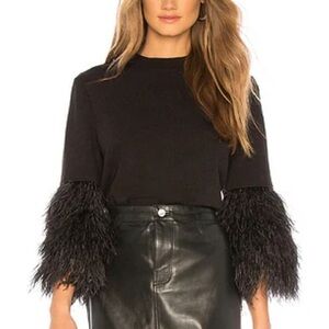 SAYLOR Madlee Black Top with Ostrich Feathered Sleeves